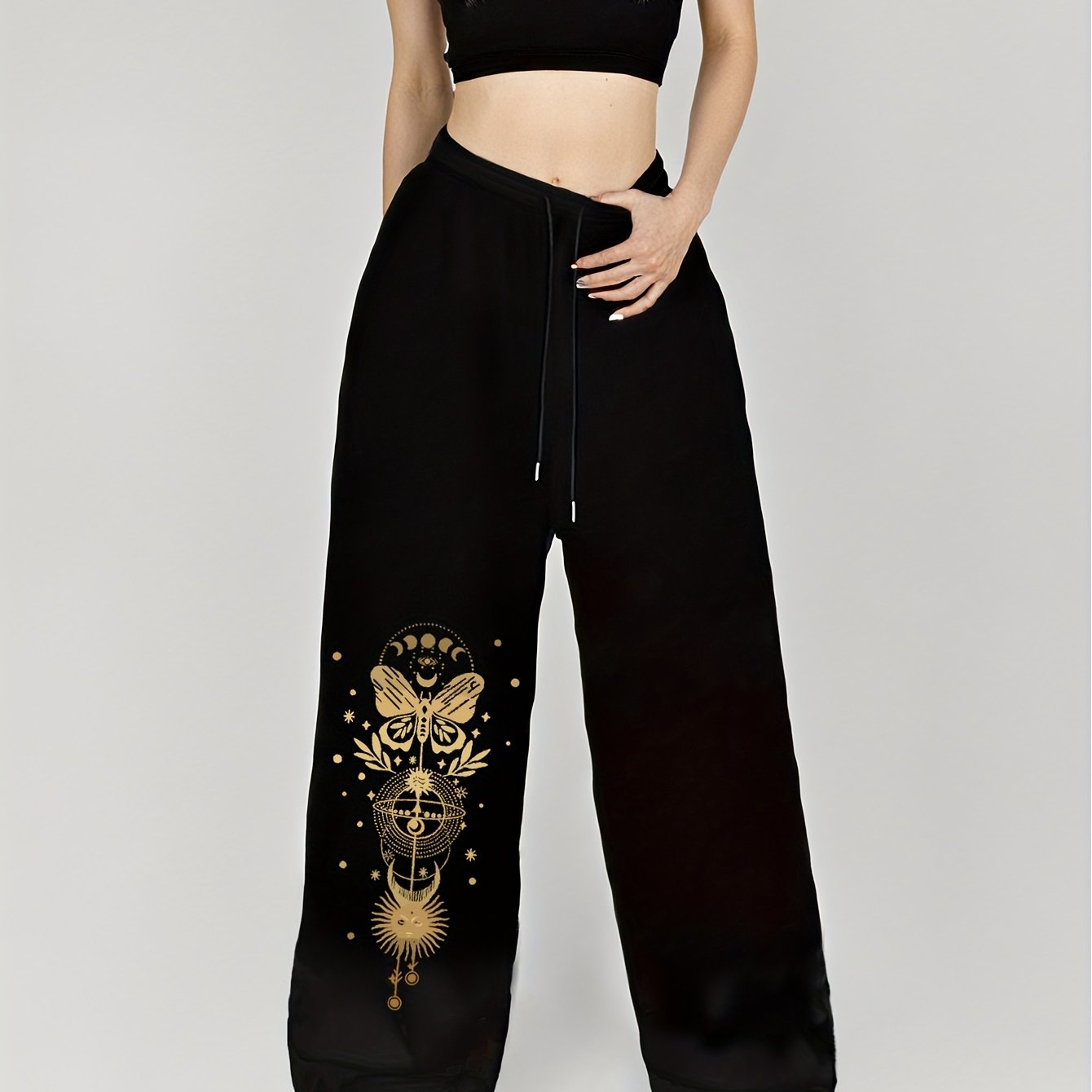 Casual Asian Style Print Straight-Leg Pants with Dual Pockets