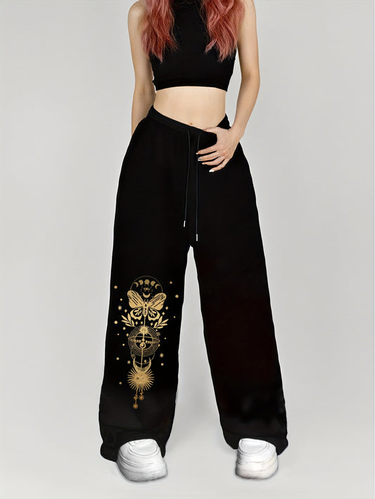 Casual Asian Style Print Straight-Leg Pants with Dual Pockets